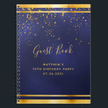 70th Birthday Party 70 dark blue gold guest book<br><div class="desc">A 70th Birthday Party informal Guest Book for him, boy, guy in dark blue, navy blue background. The blue color is uneven. With a faux gold frame and golden confetti sprinkle, golden colored letters. The title Guest Book is written with modern hand lettered style script. Template for a name, age...</div>