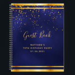 70th Birthday Party 70 dark blue gold guest book<br><div class="desc">A 70th Birthday Party informal Guest Book for him, boy, guy in dark blue, navy blue background. The blue colour is uneven. With a faux gold frame and golden confetti sprinkle, golden coloured letters. The title Guest Book is written with modern hand lettered style script. Template for a name, age...</div>