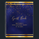 70th Birthday Party 70 dark blue gold guest book<br><div class="desc">A 70th Birthday Party informal Guest Book for him, boy, guy in dark blue, navy blue background. The blue colour is uneven. With a faux gold frame and golden confetti sprinkle, golden coloured letters. The title Guest Book is written with modern hand lettered style script. Template for a name, age...</div>