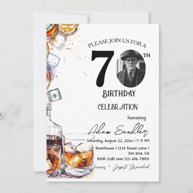 70th birthday party and whisky and drinks  invitation (Front)