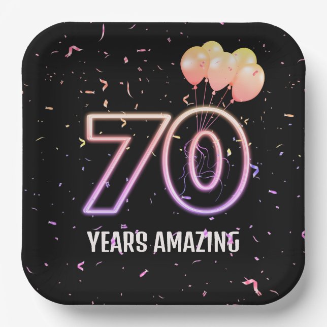 70th Birthday Party Balloons and Confetti Paper Plate (Front)