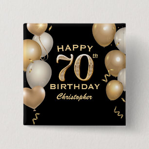 70th Birthday Party Black and Gold Balloons 15 Cm Square Badge