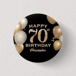 70th Birthday Party Black and Gold Balloons 3 Cm Round Badge
