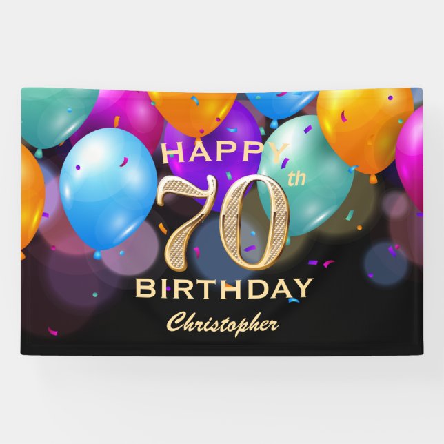70th Birthday Party Black and Gold Balloons Banner (Horizontal)