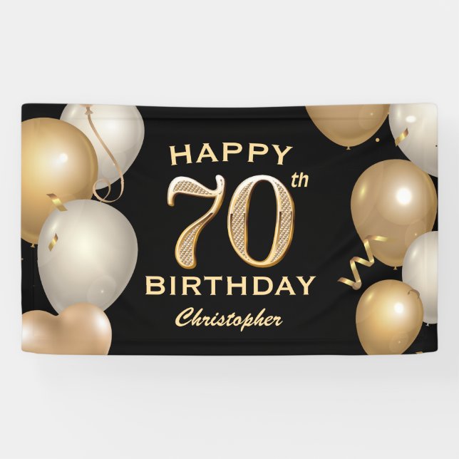 70th Birthday Party Black and Gold Balloons Banner (Horizontal)