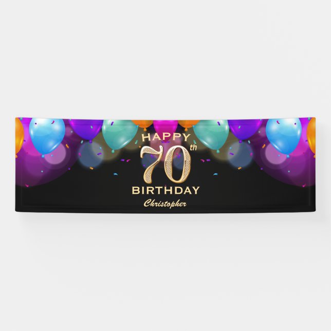 70th Birthday Party Black and Gold Balloons Banner (Horizontal)