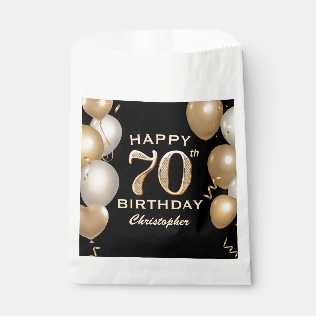 70th Birthday Party Black and Gold Balloons Favour Bags (Front)