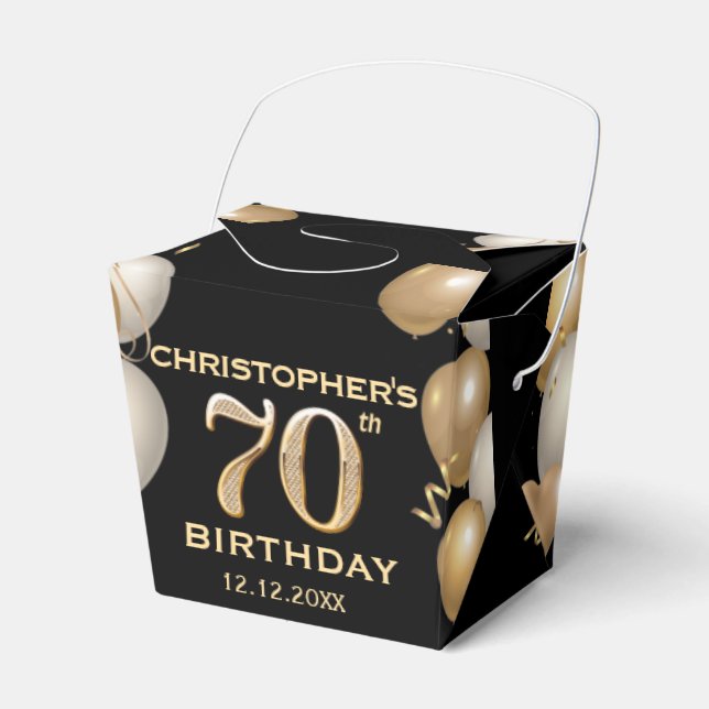 70th Birthday Party Black and Gold Balloons Favour Box (Front Side)