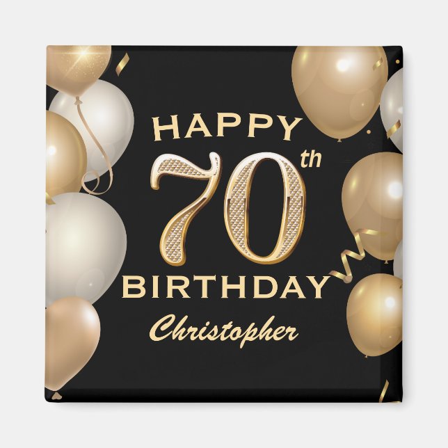 70th Birthday Party Black and Gold Balloons Magnet (Front)