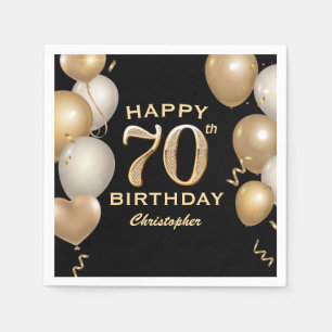 70th Birthday Party Black and Gold Balloons Napkin