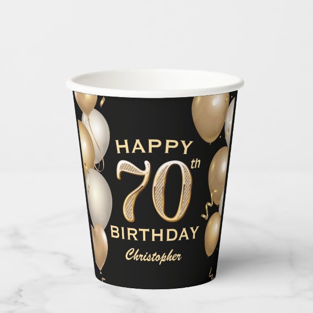 70th Birthday Party Black and Gold Balloons Paper Cups (Front)