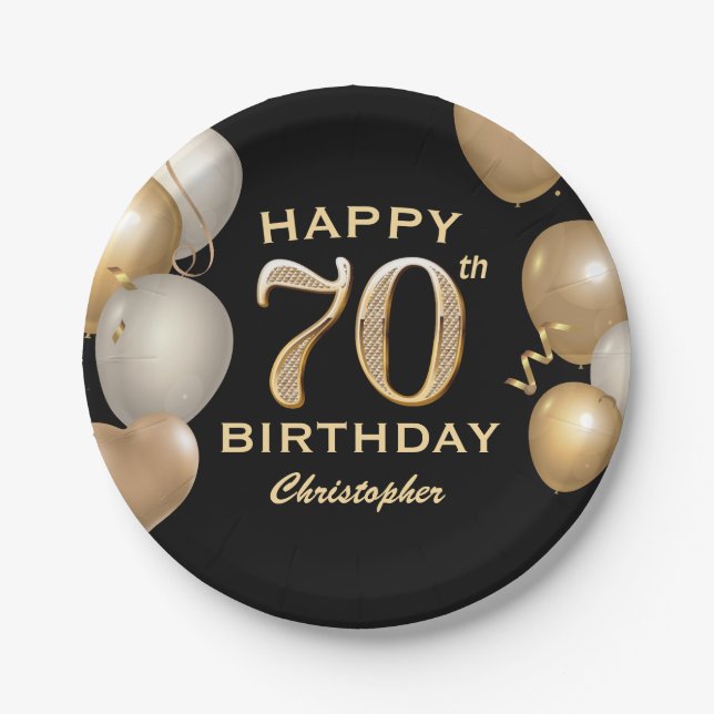 70th Birthday Party Black and Gold Balloons Paper Plate (Front)