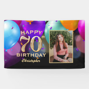 70th Birthday Party Black and Gold Balloons Photo Banner