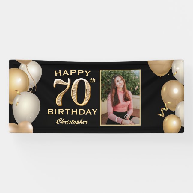 70th Birthday Party Black and Gold Balloons Photo Banner (Horizontal)