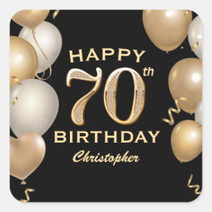 70th Birthday Party Black and Gold Balloons Square Sticker