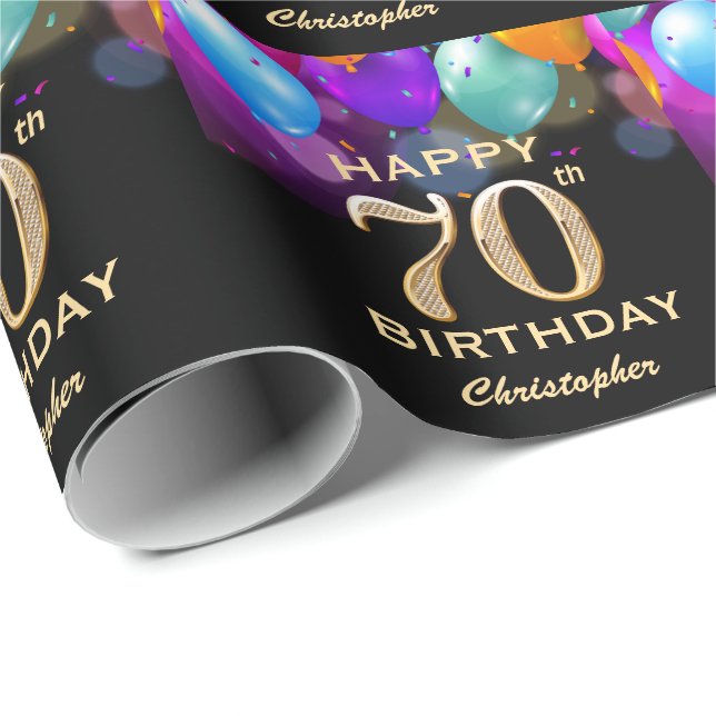 70th Birthday Party Black and Gold Balloons Wrapping Paper (Roll Corner)