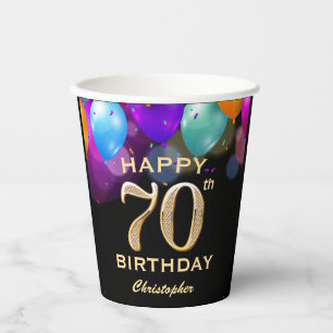 70th Birthday Party Black and Gold Confetti Paper Cups