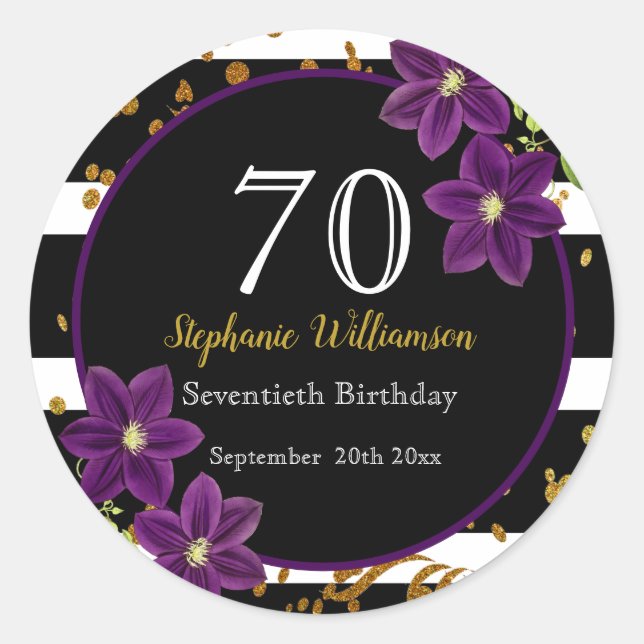 70th Birthday Party| Black and Gold Glitter Classic Round Sticker (Front)