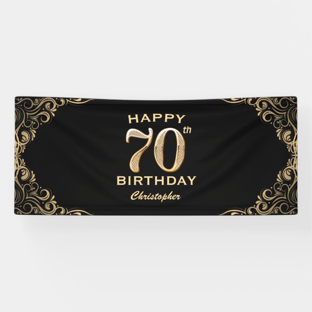 70th Birthday Party Black and Gold Glitter Frame Banner (Horizontal)