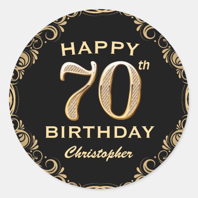 70th Birthday Party Black and Gold Glitter Frame Classic Round Sticker (Front)