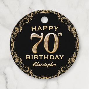 70th Birthday Party Black and Gold Glitter Frame Favour Tags