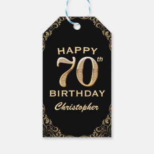 70th Birthday Party Black and Gold Glitter Frame Gift Tags