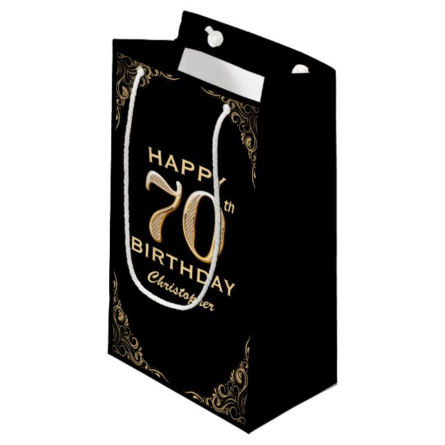 70th Birthday Party Black and Gold Glitter Frame Small Gift Bag (Front Angled)