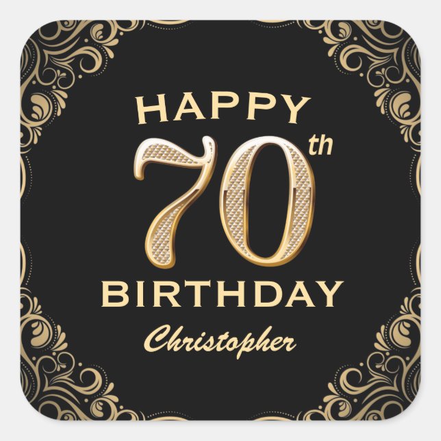 70th Birthday Party Black and Gold Glitter Frame Square Sticker (Front)