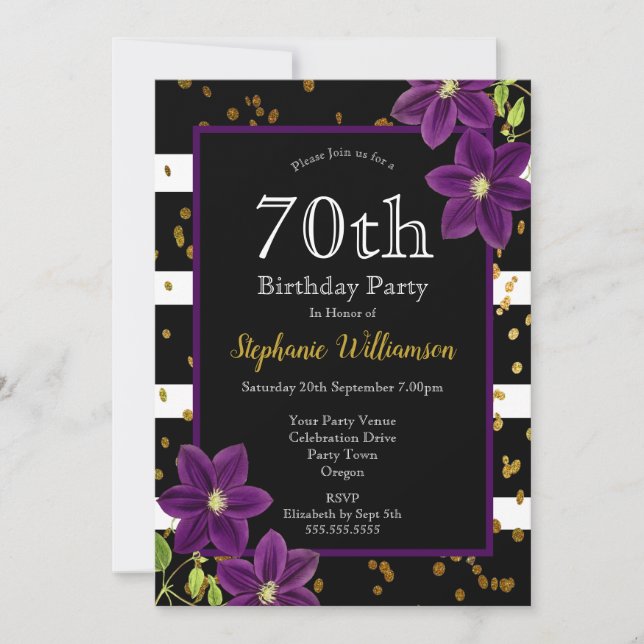 70th Birthday Party| Black and Gold Glitter Invitation (Front)