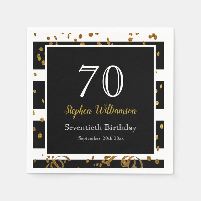 70th Birthday Party| Black and Gold Glitter Napkin (Front)