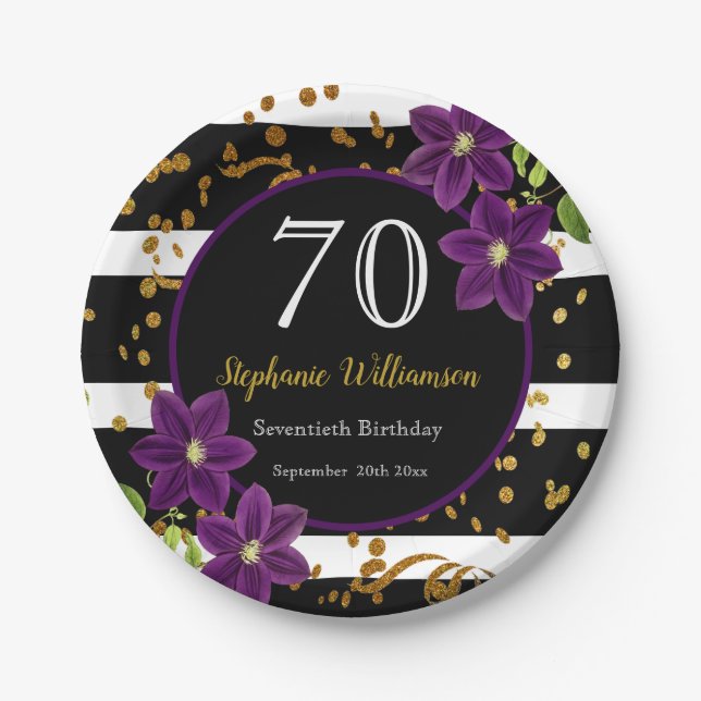 70th Birthday Party| Black and Gold Glitter Paper Plate (Front)