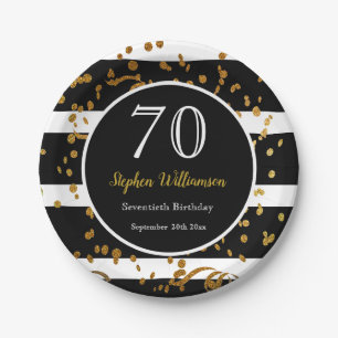 70th Birthday Party  Black and Gold Glitter Paper Plate
