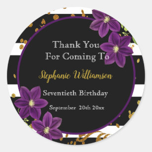 70th Birthday Party  Black and Gold Glitter Thanks Classic Round Sticker