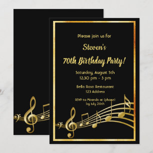70th birthday party black and gold music notes invitation