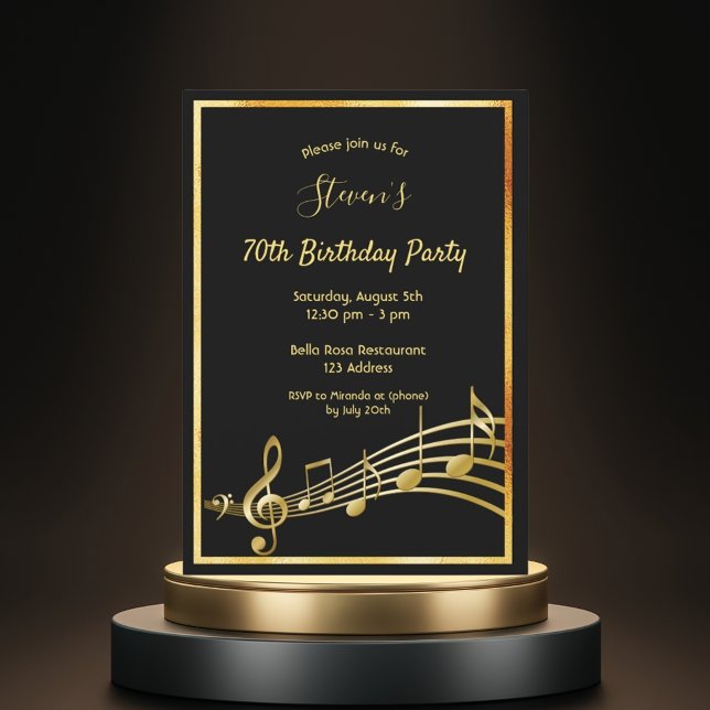 70th birthday party black and gold music notes invitation (Creator Uploaded)
