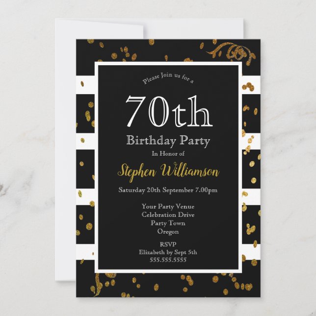 70th Birthday Party Black and White | Gold Glitter Invitation (Front)