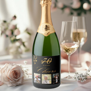 70th birthday party black gold cheers script photo sparkling wine label
