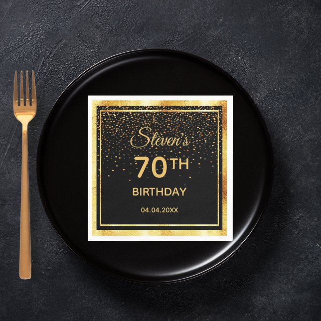 70th birthday party black gold confetti name guy napkin (Creator Uploaded)