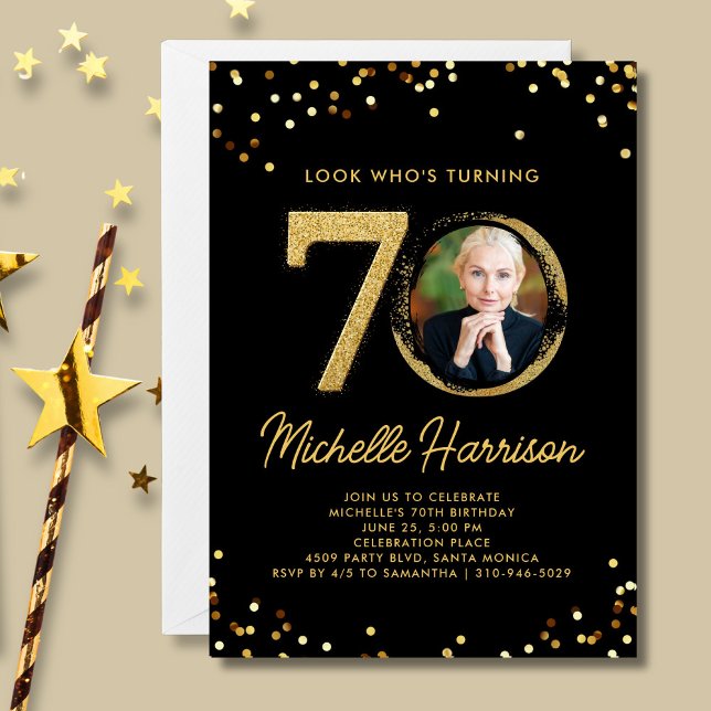 70th Birthday Party Black Gold Confetti Photo  Invitation (Creator Uploaded)