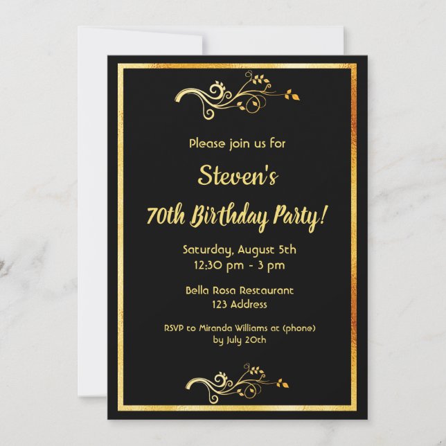 70th birthday party black gold decor guy invitation (Front)