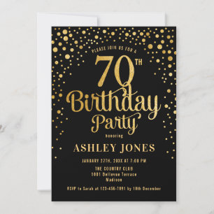 70th Birthday Party - Black & Gold Invitation