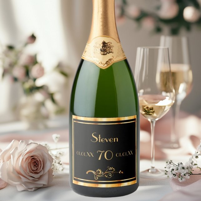 70th birthday party black gold name classic sparkling wine label (Creator Uploaded)