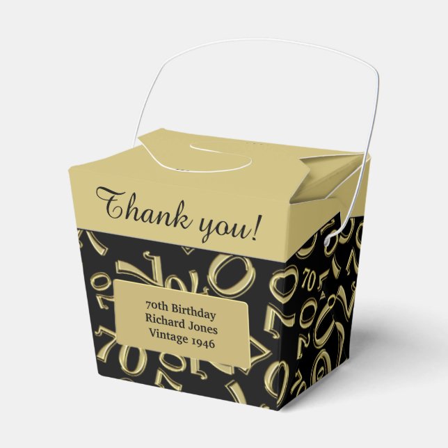 70th Birthday Party Black/Gold Number Pattern Favour Box (Front Side)