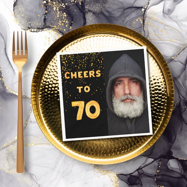 70th birthday party black gold photo napkin (Creator Uploaded)