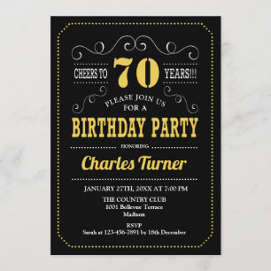 70th Birthday Party - Black Gold White Invitation