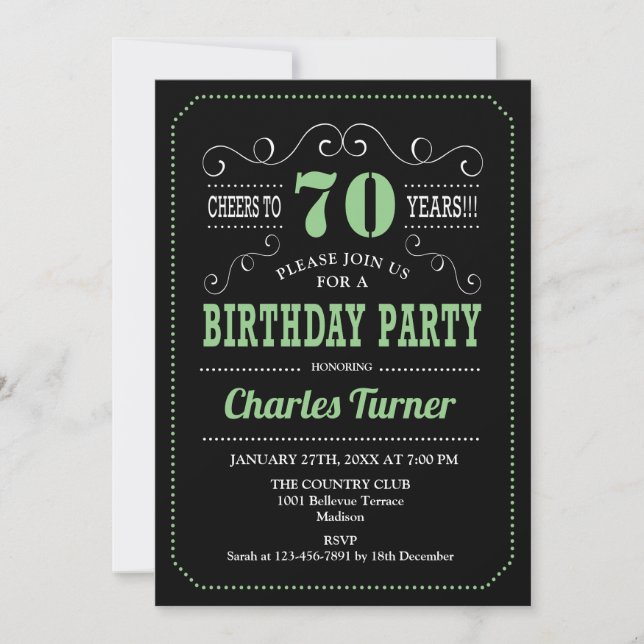 70th Birthday Party - Black Green Invitation (Front)