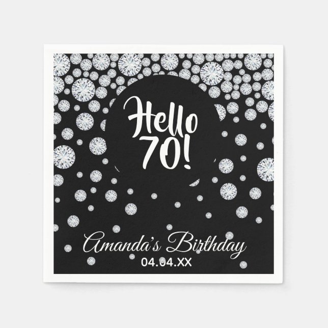 70th birthday party black hello 70 monogram napkin (Front)