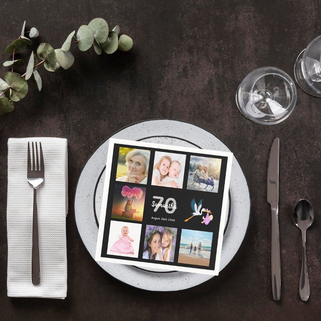 70th birthday party black photo collage name napkin (Creator Uploaded)