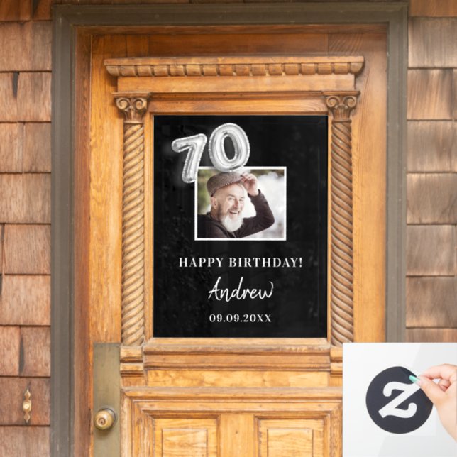 70th birthday party black photo name guy window cling (Home Door)