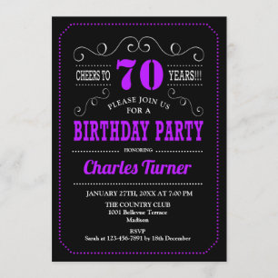 70th Birthday Party - Black Purple Invitation
